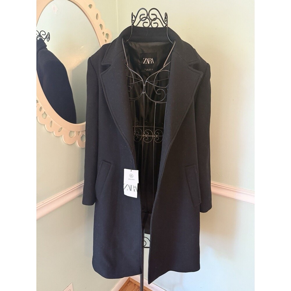Zara Double Breasted Wool Blend Oversized Classic Long Coat Black Size L Blogger